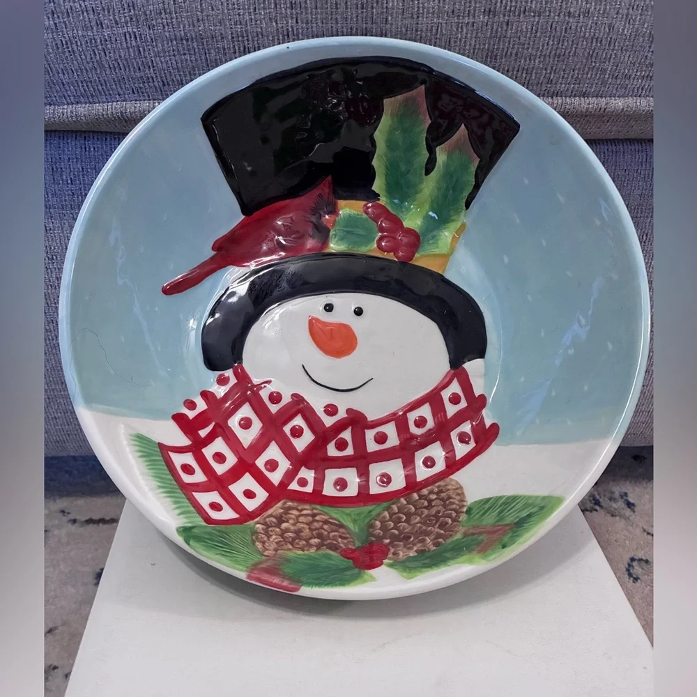 Fitz & Floyd Holly Berry Snowman Serving Bowl